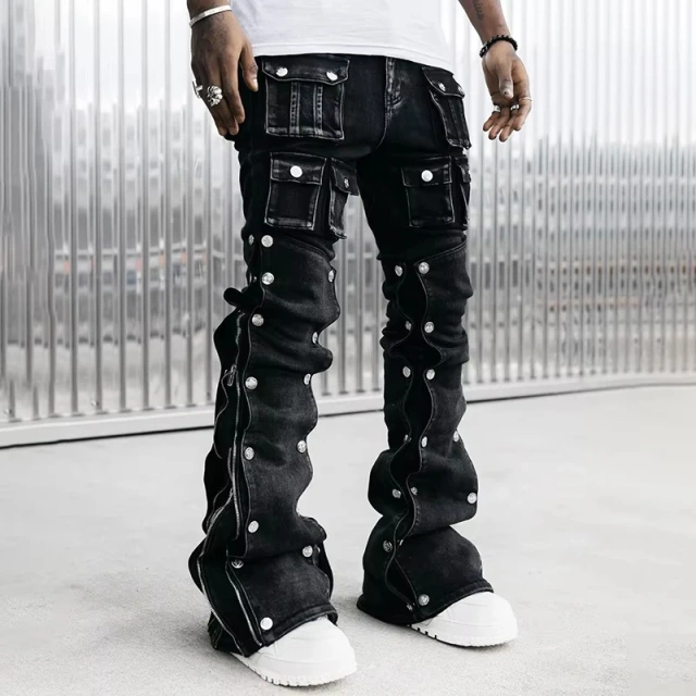 HEZ Custom Low MOQ Men’s Vintage Distressed Stacked Denim Flare Jeans