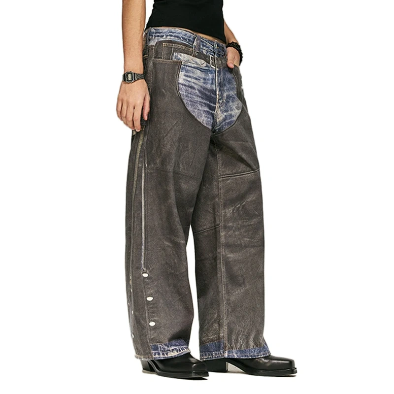 HEZ OEM&ODM wholesale cool transfer trompe l'oeil graphic digital printed denim jeans loose baggy denim wide leg jeans men