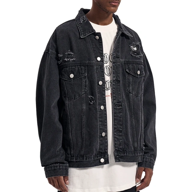 HEZ Fashion washed distressed destroy ripped vintage denim jacket custom jeans jacket men's black jackets