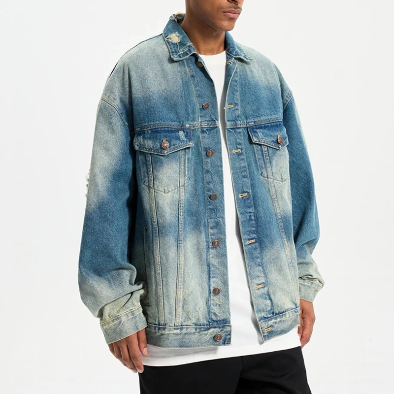 HEZ streetwear 100% cotton Custom oversized loose fit Men's jacket distressed destroy plus size custom denim jacket