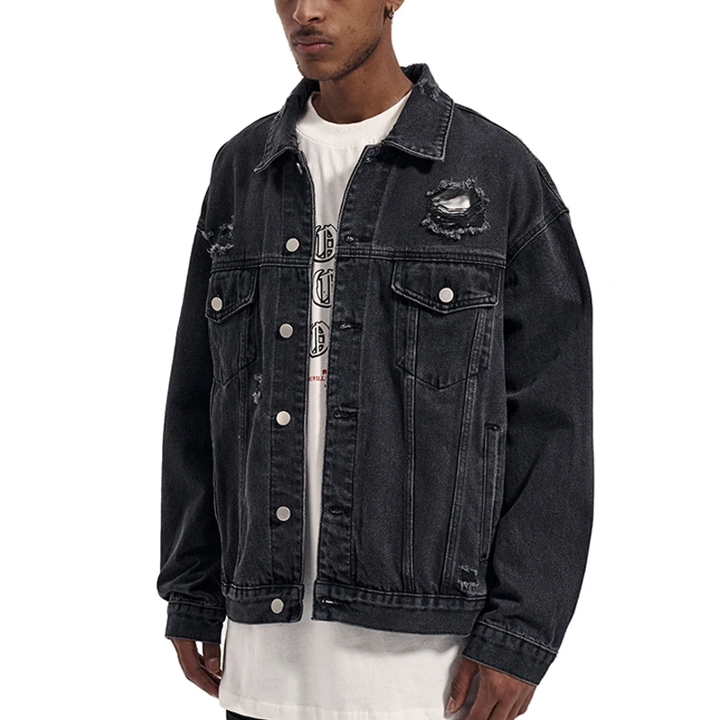 HEZ Fashion washed distressed destroy ripped vintage denim jacket custom jeans jacket men's black jackets