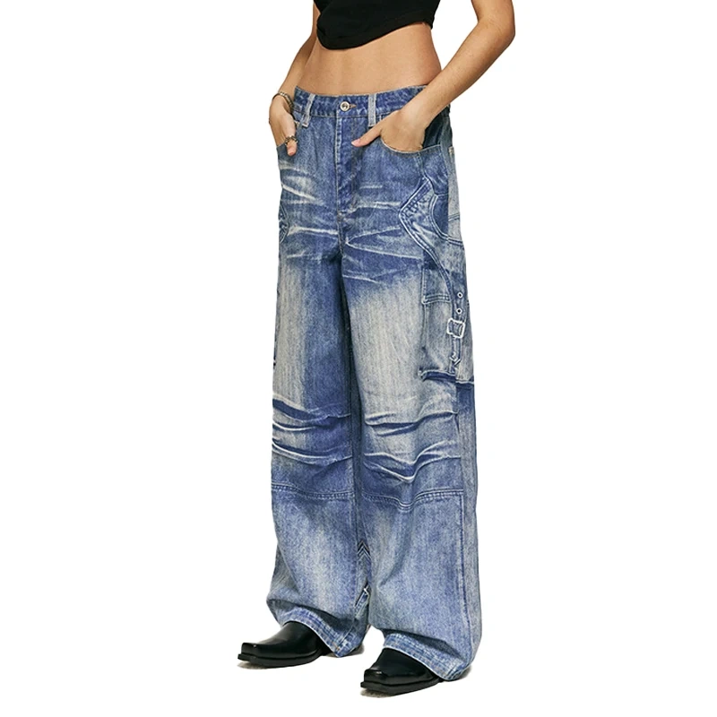 HEZ Last designer brand style cool transfer 3D digital printed trompe l'oeil denim pants baggy cargo wide leg jeans for men