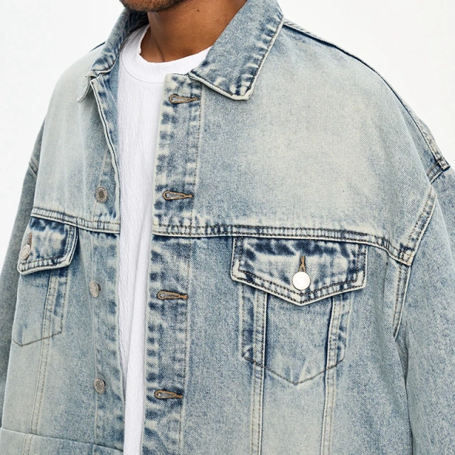 HEZ Wholesale Custom oversized Relaxed Fit Denim Jacket Cotton Stylish Hip Hop Streetwear Blue denim jeans jacket for men