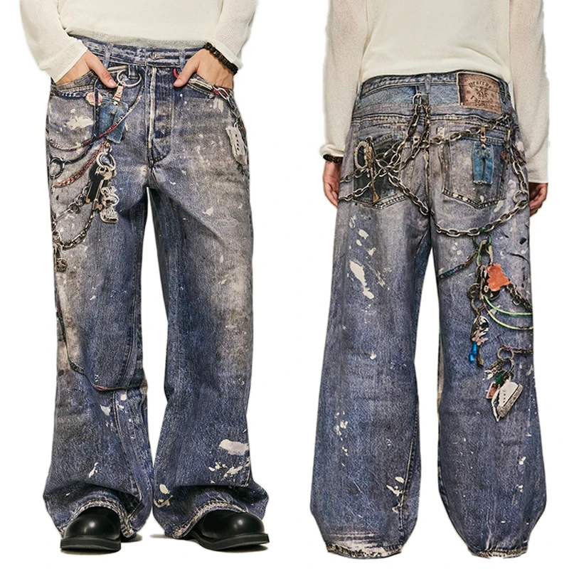 HEZ Custom designer baggy wide leg denim pants cool transfer digital 3D full printed keychain trompe l'oeil denim jeans