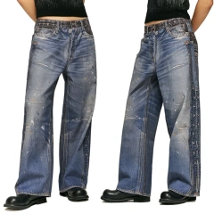 HEZ Custom streetwear cool transfer all over 3D digital printed trompe l'oeil denim pant loose wide leg baggy men's jeans