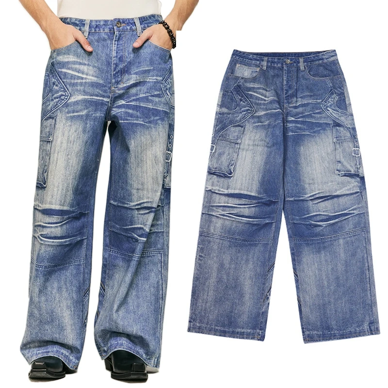 HEZ Last designer brand style cool transfer 3D digital printed trompe l'oeil denim pants baggy cargo wide leg jeans for men