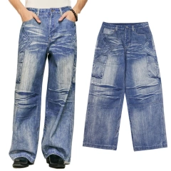 HEZ Last designer brand style cool transfer 3D digital printed trompe l'oeil denim pants baggy cargo wide leg jeans for men