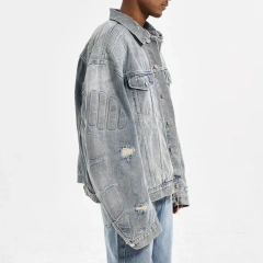 HEZ Custom oversized men's cropped jeans jacket men streetwear vintage washed jeans denim jacket