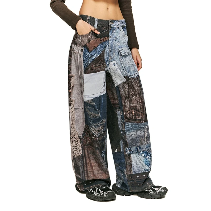 HEZ Custom Digital Print Patchwork Baggy Wide Leg Denim Jeans