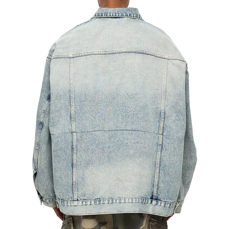 HEZ Wholesale Custom oversized Relaxed Fit Denim Jacket Cotton Stylish Hip Hop Streetwear Blue denim jeans jacket for men