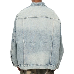 HEZ Wholesale Custom oversized Relaxed Fit Denim Jacket Cotton Stylish Hip Hop Streetwear Blue denim jeans jacket for men