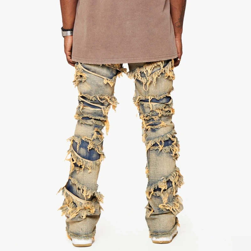 HEZ Hip Hop Streetwear Vintage Raw Edge Distressed Denim Flare Jeans for Men