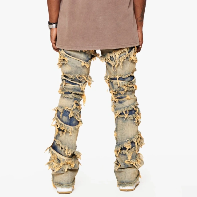 HEZ Hip Hop Streetwear Vintage Raw Edge Distressed Denim Flare Jeans for Men