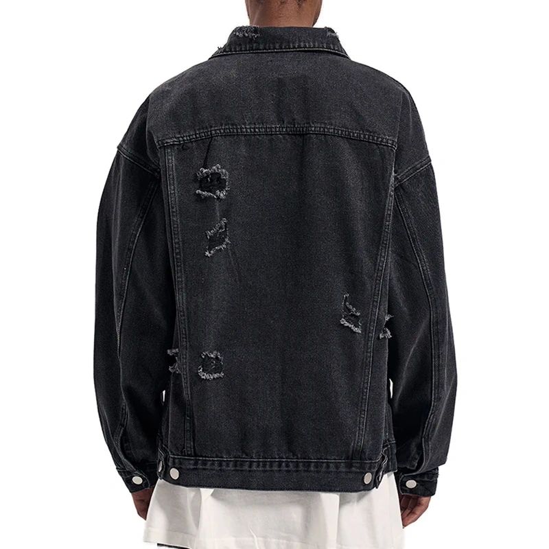 HEZ Fashion washed distressed destroy ripped vintage denim jacket custom jeans jacket men's black jackets