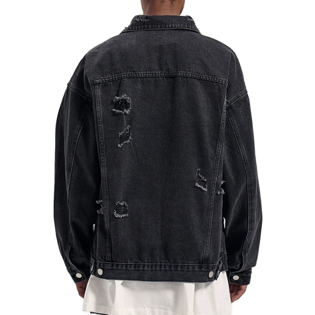 HEZ Fashion washed distressed destroy ripped vintage denim jacket custom jeans jacket men's black jackets