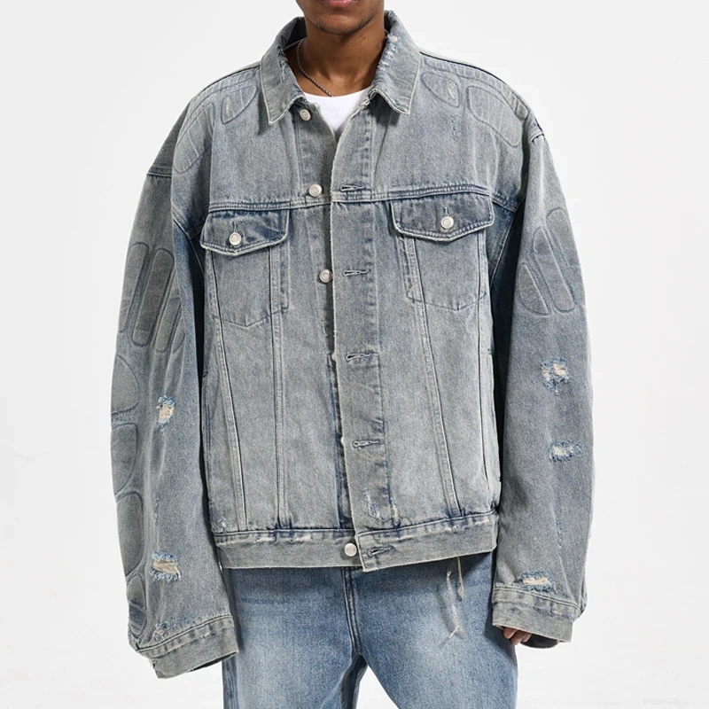 HEZ Custom oversized men's cropped jeans jacket men streetwear vintage washed jeans denim jacket