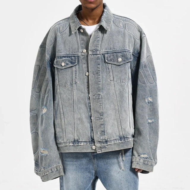 HEZ Custom oversized men's cropped jeans jacket men streetwear vintage washed jeans denim jacket