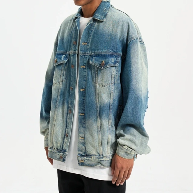 HEZ streetwear 100% cotton Custom oversized loose fit Men's jacket distressed destroy plus size custom denim jacket