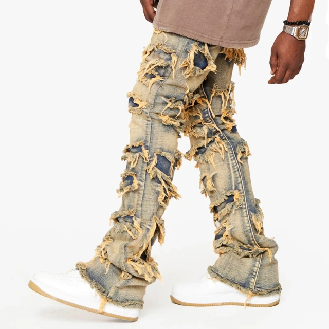 HEZ Hip Hop Streetwear Vintage Raw Edge Distressed Denim Flare Jeans for Men
