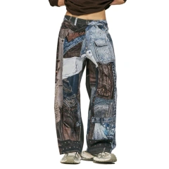 HEZ Custom Digital Print Patchwork Baggy Wide Leg Denim Jeans