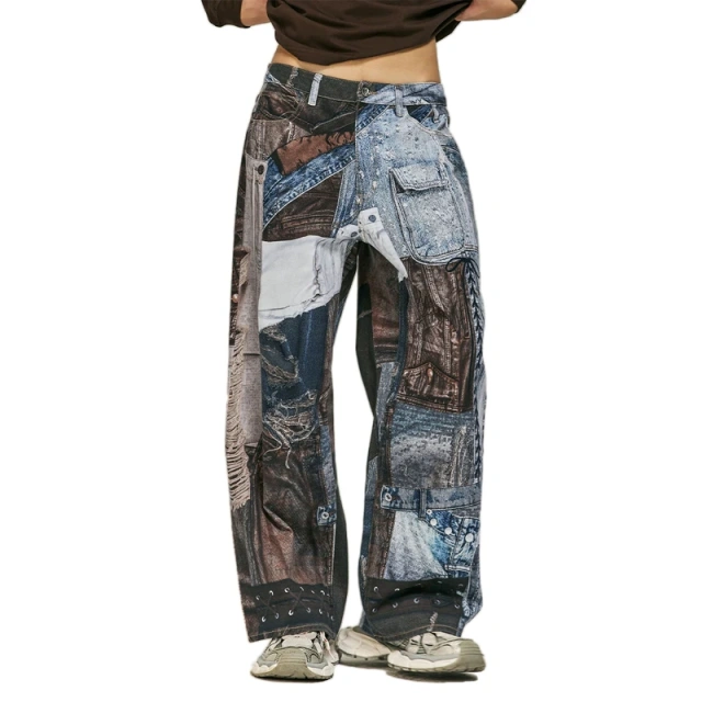 HEZ Custom Digital Print Patchwork Baggy Wide Leg Denim Jeans