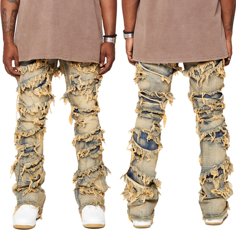 HEZ Hip Hop Streetwear Vintage Raw Edge Distressed Denim Flare Jeans for Men