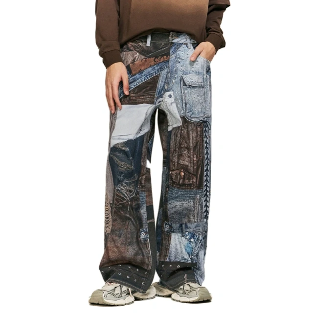 HEZ Custom Digital Print Patchwork Baggy Wide Leg Denim Jeans