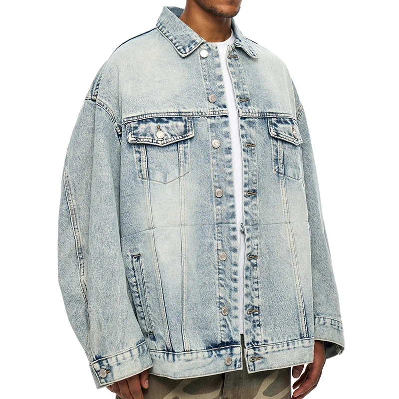 HEZ Wholesale Custom oversized Relaxed Fit Denim Jacket Cotton Stylish Hip Hop Streetwear Blue denim jeans jacket for men