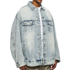 HEZ Wholesale Custom oversized Relaxed Fit Denim Jacket Cotton Stylish Hip Hop Streetwear Blue denim jeans jacket for men