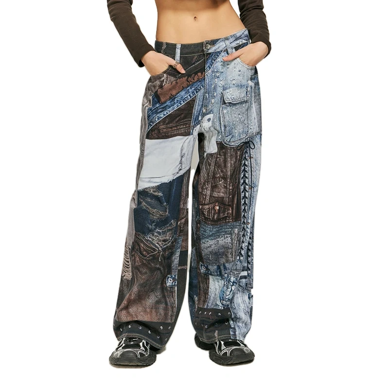 HEZ Custom Digital Print Patchwork Baggy Wide Leg Denim Jeans