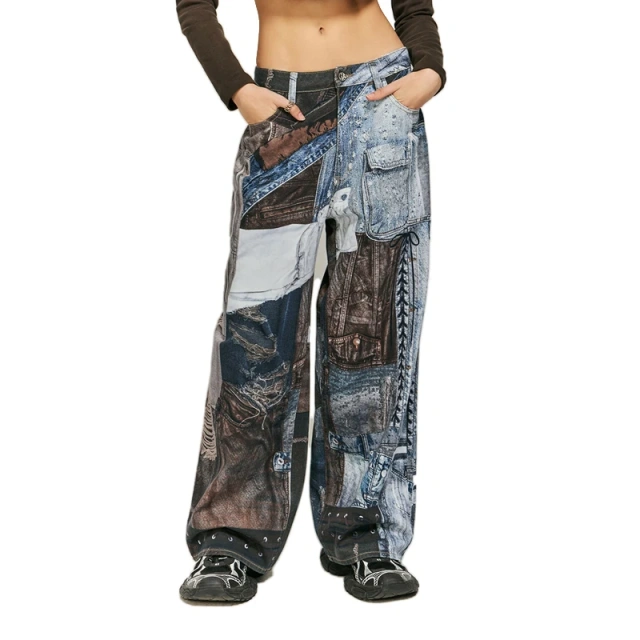 HEZ Custom Digital Print Patchwork Baggy Wide Leg Denim Jeans
