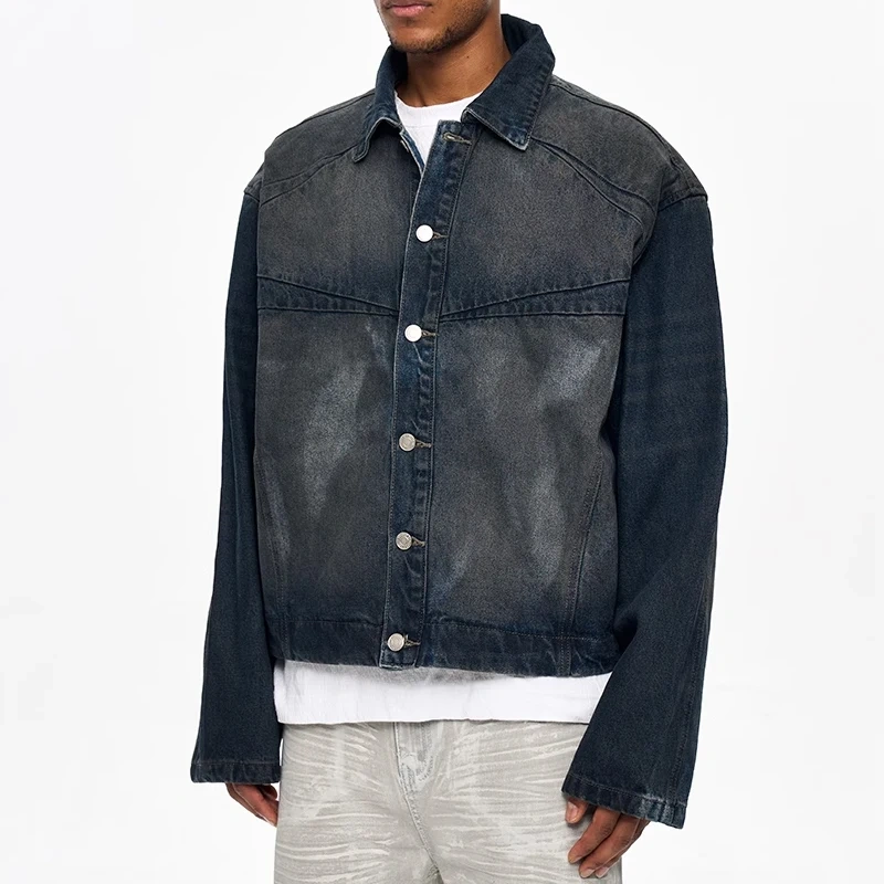 HEZ Custom Hand Brushed Vintage Washed Cropped Denim Jacket for Men