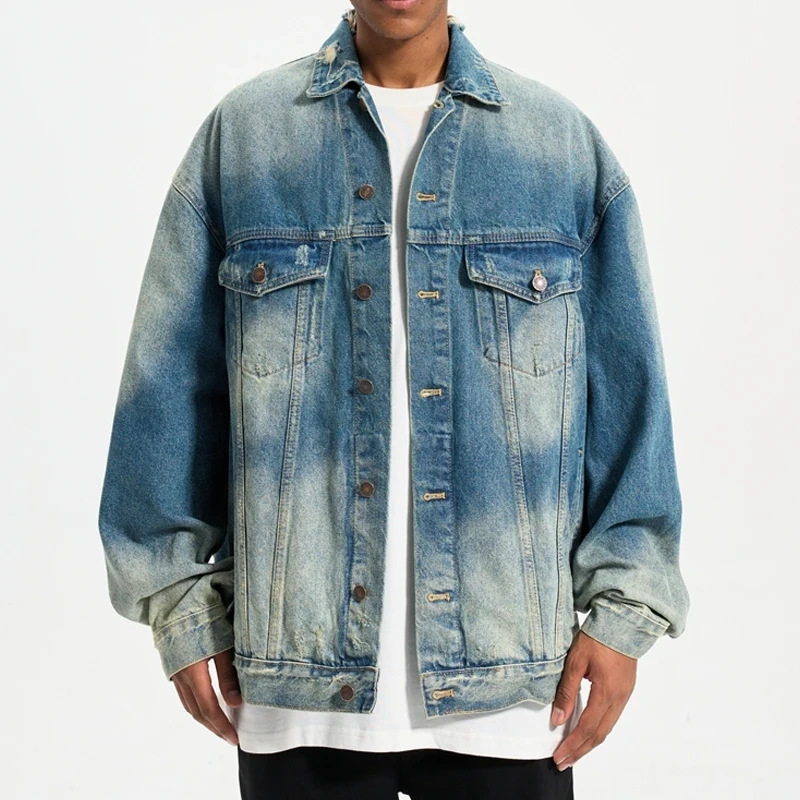 HEZ streetwear 100% cotton Custom oversized loose fit Men's jacket distressed destroy plus size custom denim jacket