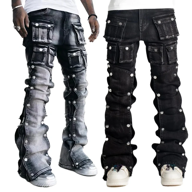 HEZ Custom Low MOQ Men’s Vintage Distressed Stacked Denim Flare Jeans