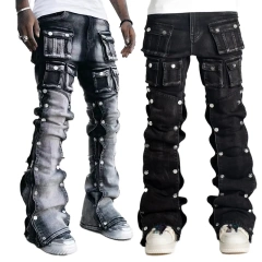HEZ Custom Low MOQ Men’s Vintage Distressed Stacked Denim Flare Jeans