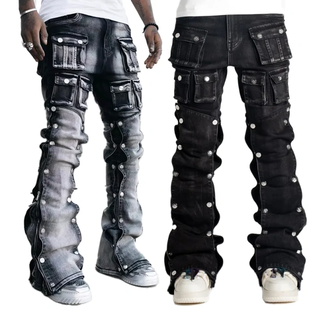 HEZ Custom Low MOQ Men’s Vintage Distressed Stacked Denim Flare Jeans