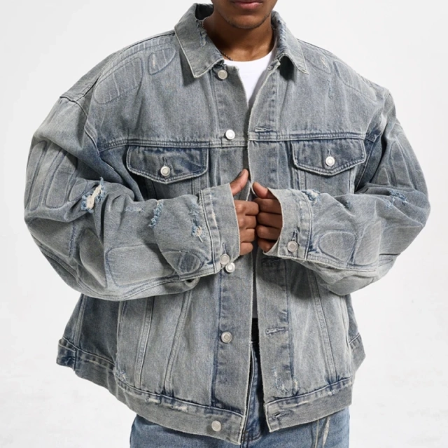 HEZ Custom oversized men's cropped jeans jacket men streetwear vintage washed jeans denim jacket