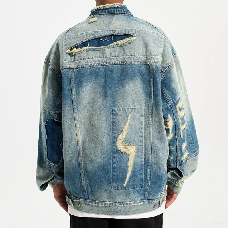 HEZ streetwear 100% cotton Custom oversized loose fit Men's jacket distressed destroy plus size custom denim jacket
