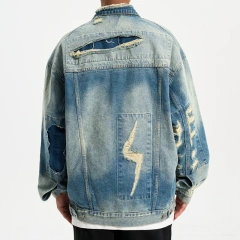 HEZ streetwear 100% cotton Custom oversized loose fit Men's jacket distressed destroy plus size custom denim jacket