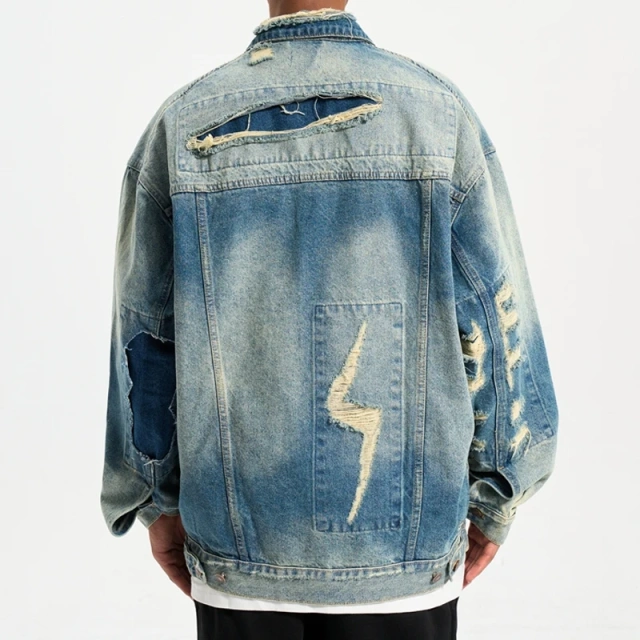 HEZ streetwear 100% cotton Custom oversized loose fit Men's jacket distressed destroy plus size custom denim jacket