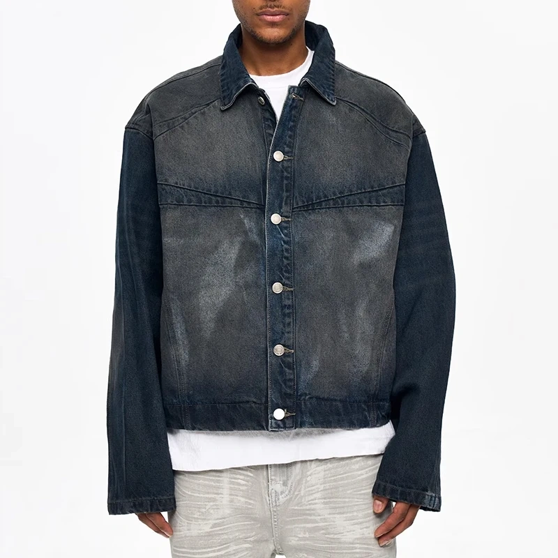 HEZ Custom Hand Brushed Vintage Washed Cropped Denim Jacket for Men