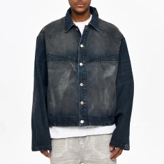 HEZ Custom Hand Brushed Vintage Washed Cropped Denim Jacket for Men