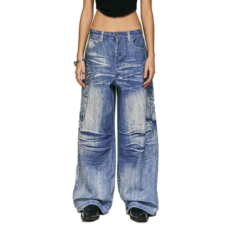 HEZ Last designer brand style cool transfer 3D digital printed trompe l'oeil denim pants baggy cargo wide leg jeans for men