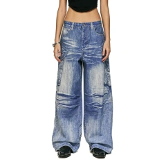 HEZ Last designer brand style cool transfer 3D digital printed trompe l'oeil denim pants baggy cargo wide leg jeans for men