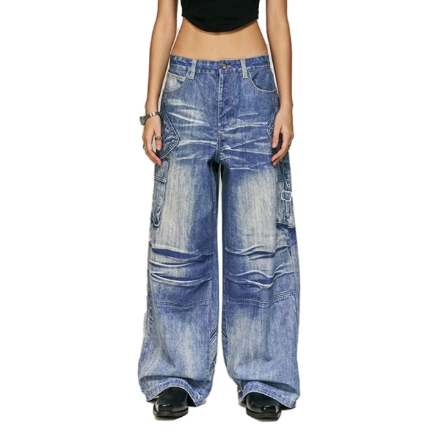 HEZ Last designer brand style cool transfer 3D digital printed trompe l'oeil denim pants baggy cargo wide leg jeans for men
