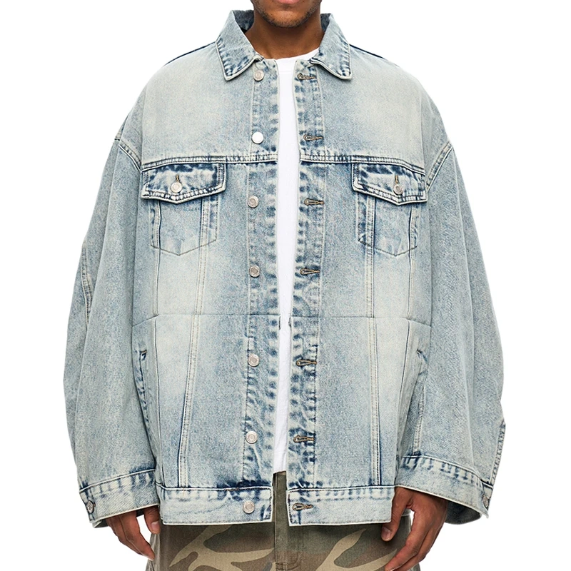 HEZ Wholesale Custom oversized Relaxed Fit Denim Jacket Cotton Stylish Hip Hop Streetwear Blue denim jeans jacket for men