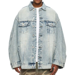 HEZ Wholesale Custom oversized Relaxed Fit Denim Jacket Cotton Stylish Hip Hop Streetwear Blue denim jeans jacket for men