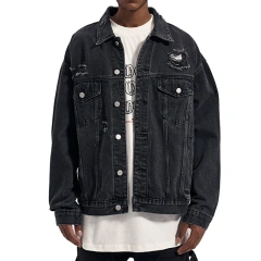 HEZ Fashion washed distressed destroy ripped vintage denim jacket custom jeans jacket men's black jackets