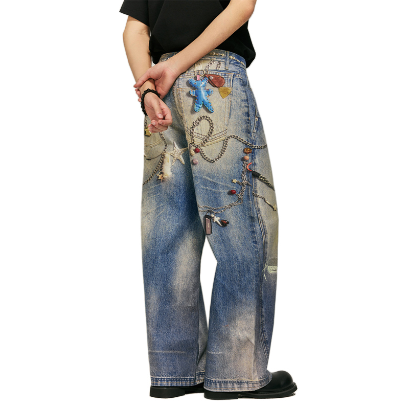 HEZ Men‘s Cool Printied Baggy Denim pants Realistic Design Jeans
