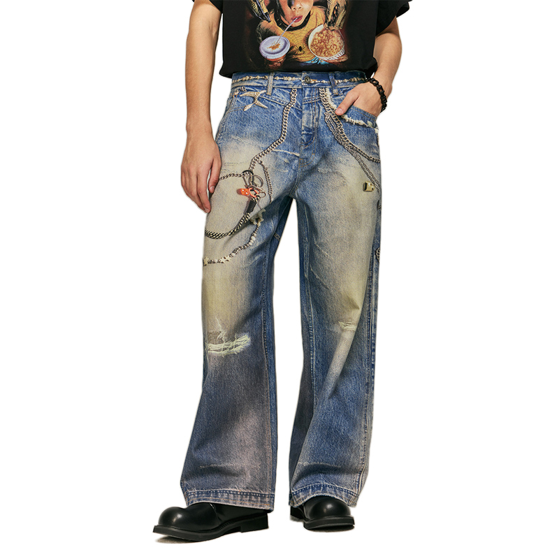 HEZ Men‘s Cool Printied Baggy Denim pants Realistic Design Jeans